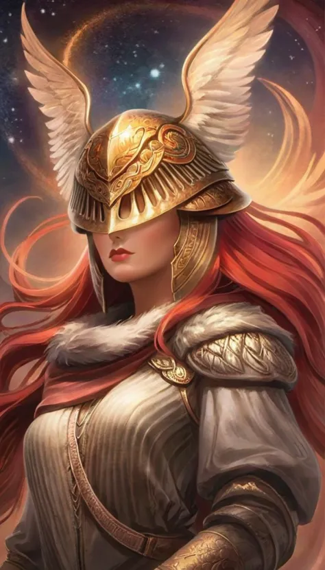 неземной fantasy concept art of   malenia woman, полный шлем, интенсивные рыжие волосы,  огненное кольцо  . великолепный, небесный, неземной, живописный, эпический, величественный, волшебный, фэнтези-арт, обложка, Мечтательный