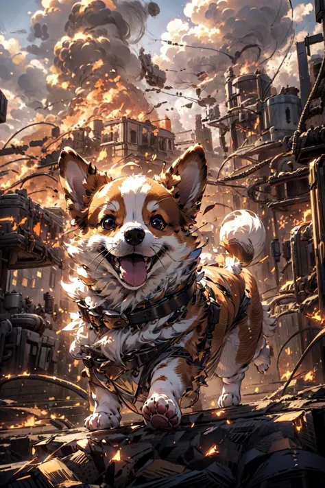 a dog is running through a city with a bunch of wires