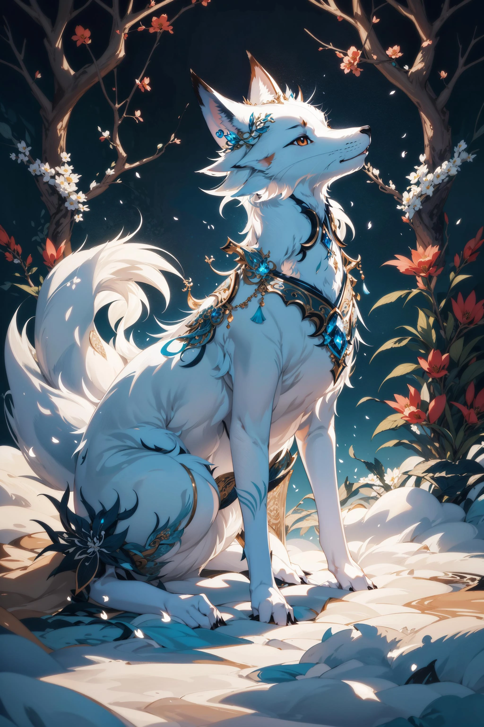 breathtaking, masterpiece, nine-tailed white fox, japanese art style, , majestic, bokeh, ink, art, no_human, complex background, beautiful tails,
n a serene and enchanted forest, a mesmerizing sight awaits those fortunate enough to catch a glimpse - a breathtaking white fox with a lustrous coat that gleams like freshly fallen snow under the gentle moonlight. Gracefully moving through the undergrowth, its elegant form captures the essence of ethereal beauty. But what truly sets this wondrous creature apart is its extraordinary nine tails, each one adorned with intricate patterns that seem to tell ancient tales of mythical wonders. With every swish of those magnificent tails, an enchanting aura of magic surrounds the fox, captivating all who behold its splendor. As the embodiment of purity and allure, the white fox with its resplendent nine tails is a living testament to the wonders of nature's creativity and brilliance., 