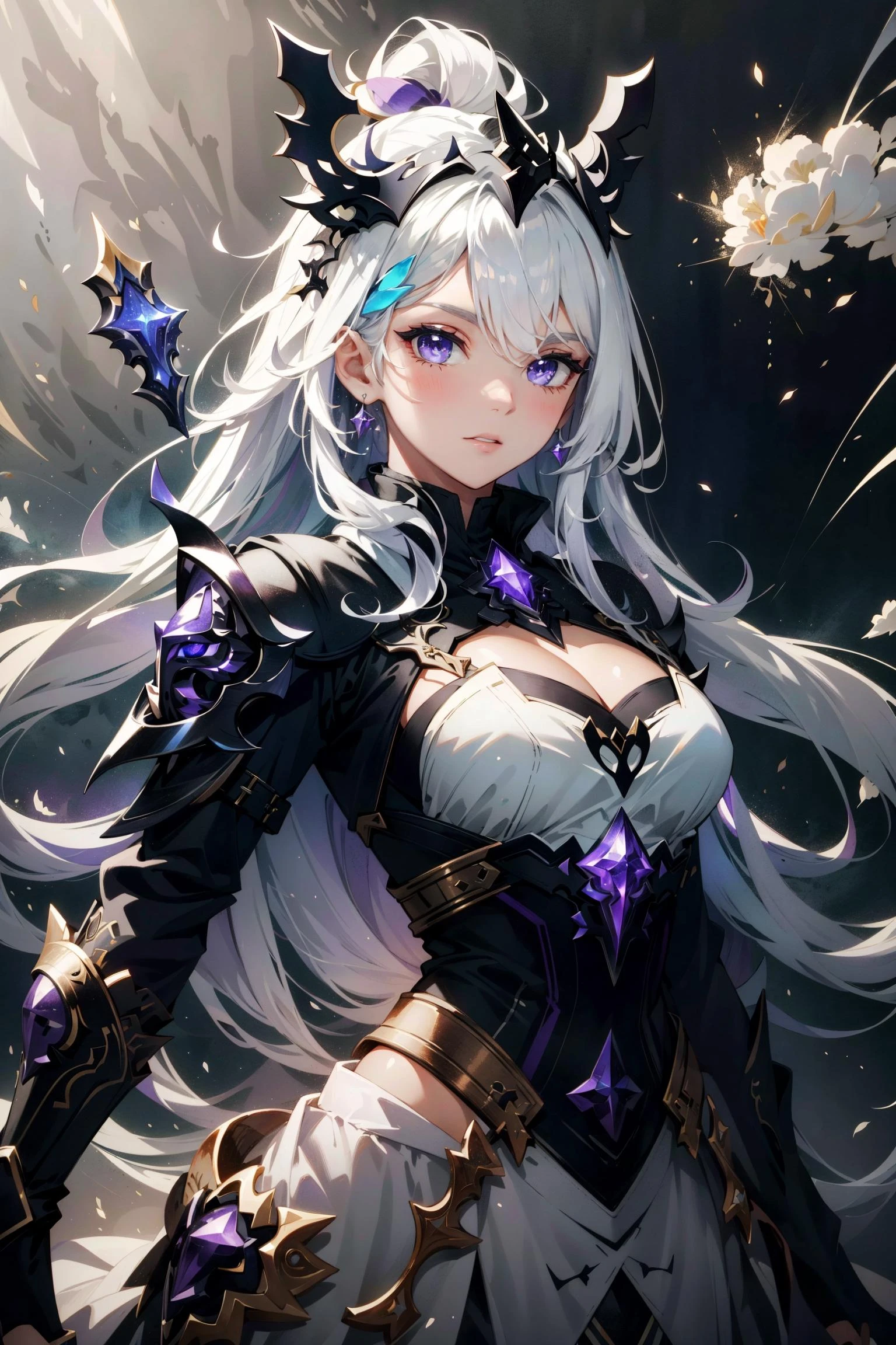 (masterpiece:1.2), best quality, fantasy, 1girl, white hair, multicolored hair, purple eyes, mask on head, sidelighting, light particles, wallpaper, full pose(HDR:1.4), 