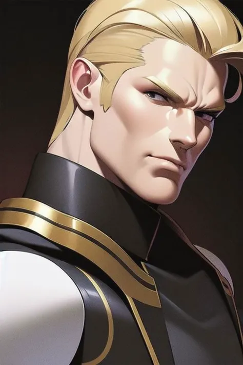 a close up of a man with blonde hair and a black and gold outfit