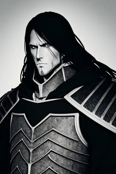 illustration,
slender person,
pronounced facial features,
dark-pale skin,
eyes,
long hair,
knight armor,
armor plate
pronounced ...
