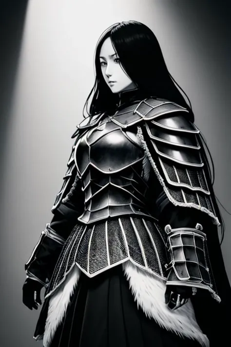 illustration,
slender person,
pronounced facial features,
dark-pale skin,
eyes,
long hair,
small breasts,
knight armor,
armor pl...
