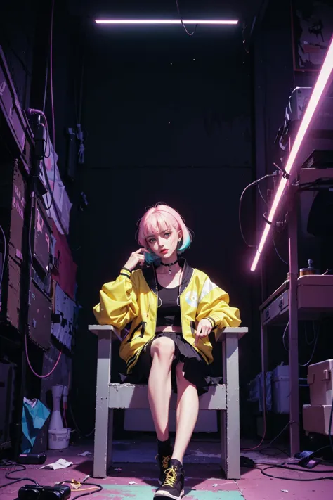 1girl, portrait, sitting, (pleated skirt, yellow green retro bomber jacket 80s), solo,cyberpunk, official art, unity 8k wallpape...