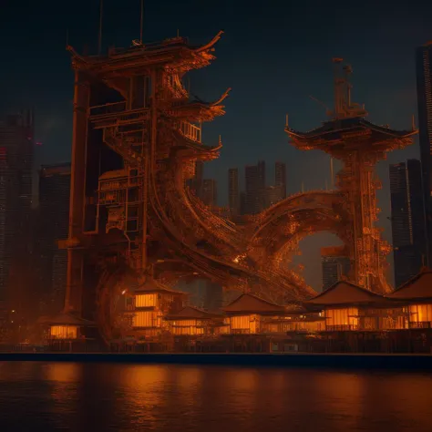 a close up of a building with a dragon on it at night