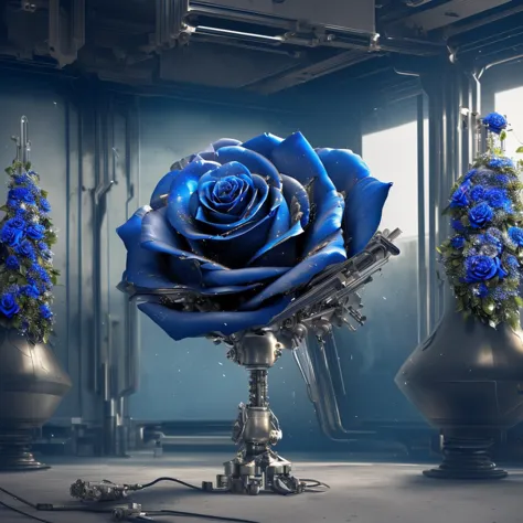 a (mechcd, shiny:1.2, glowing:1.2, metal:1.2, mechanical parts, cyberpunk, blue theme:1.3) (rose:1.5), (flower:1.2), botany, the...