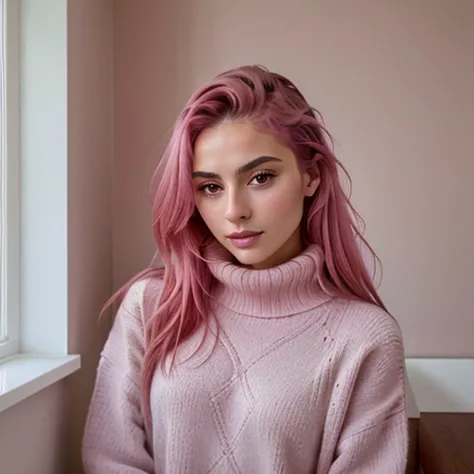 a woman with pink hair sitting in front of a window