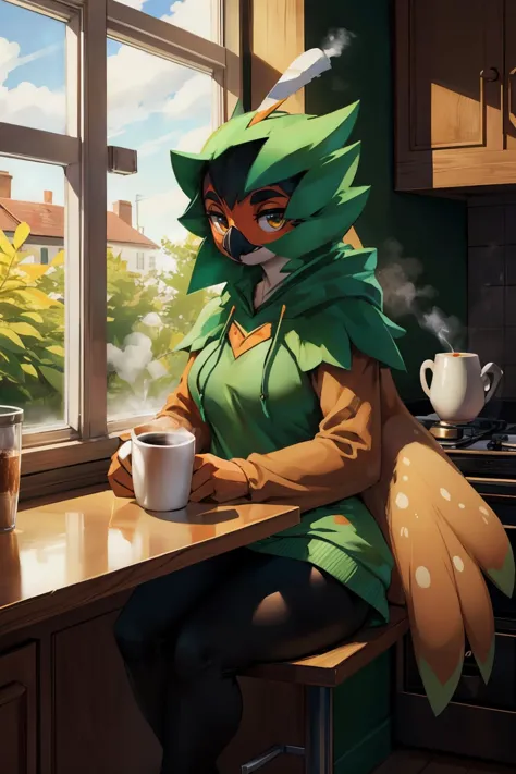 anime girl sitting at a table with a cup of coffee