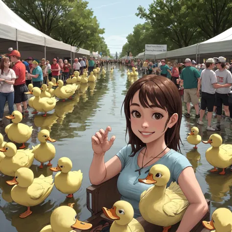 there is a woman standing in front of a large group of ducks