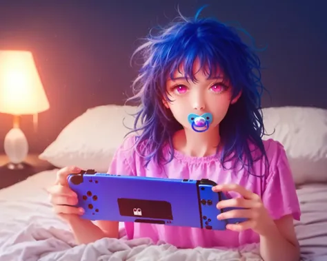 arafed girl with blue hair holding a nintendo wii controller