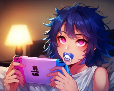 score_9,score_8_up,(source_anime:1.1),1girl,teen,pyjamas,shoulder length hair,messy hair,blue hair,pink eyes,small face,concentrating,cute,laying in bed,snuggled up,cozy,playing portable game console,handheld game console,psp,playstation portable,looking at portable game console,night,bedtime,lamp,single light,screen light,anime style,key visual,vibrant,warm colors,warm tone,<lora:dummies:1>,(pacifier:1.1),