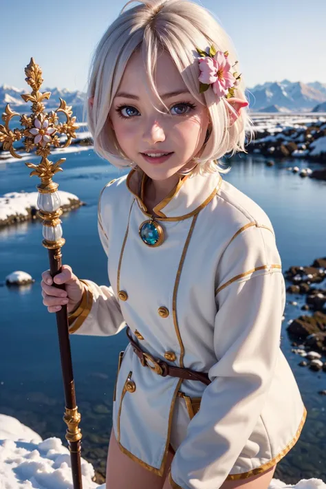detailed high quality masterpiece aerial photograph of a girl with white hair in a snowy mountain, 1girl, from above, day, outdo...