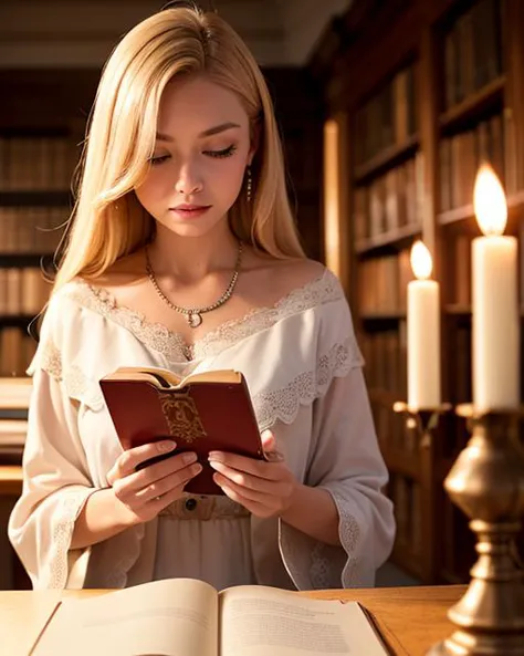 A captivating and enchanting photograph of a blonde student at a magical academy, immersed in her studies amidst the enchanting ...