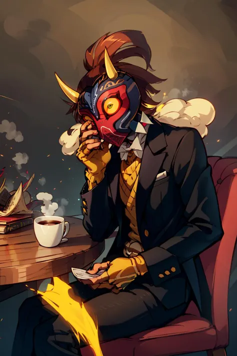 ((masterpiece,best quality)), absurdres, (suit, tuxedo, formal clothes,:1.3)
<lora:Majora_Zelda:0.8>, Majora_Zelda, solo, 1boy, mask, horns, glowing eyes,
dark, horror (theme),
turtleneck sweater, earrings, library, cup of steaming coffee, sitting at table,