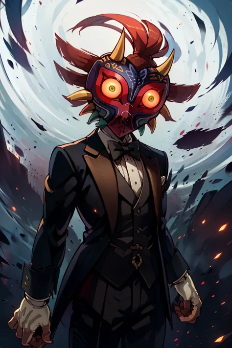 ((masterpiece,best quality)), absurdres, (suit, tuxedo, formal clothes,:1.3) 
<lora:Majora_Zelda:0.8>, Majora_Zelda, solo, 1boy, mask, horns, glowing eyes,
dark, horror (theme), 
solo, looking at viewer, cowboy shot,