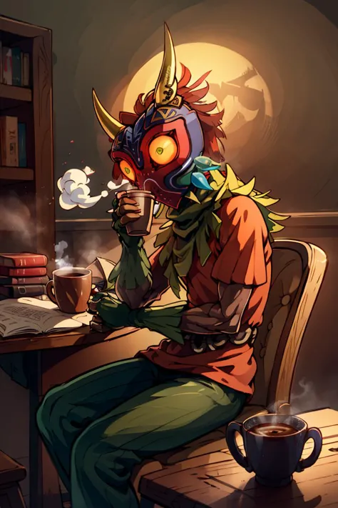 ((masterpiece,best quality)), absurdres, 
<lora:Majora_Zelda:0.8>, Majora_Zelda, solo, 1boy, mask, horns, glowing eyes,
dark, horror (theme), 
turtleneck sweater, earrings, library, cup of steaming coffee, sitting at table,