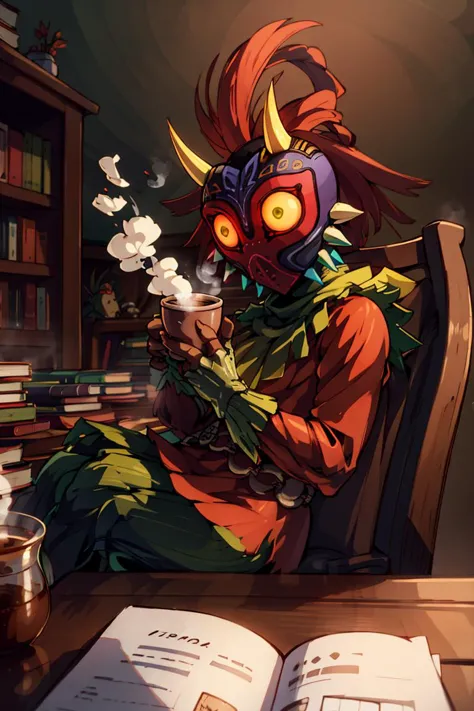 ((masterpiece,best quality)), absurdres, 
<lora:Majora_Zelda:0.8>, Majora_Zelda, solo, 1boy, mask, horns, glowing eyes,
dark, horror (theme), 
turtleneck sweater, earrings, library, cup of steaming coffee, sitting at table,