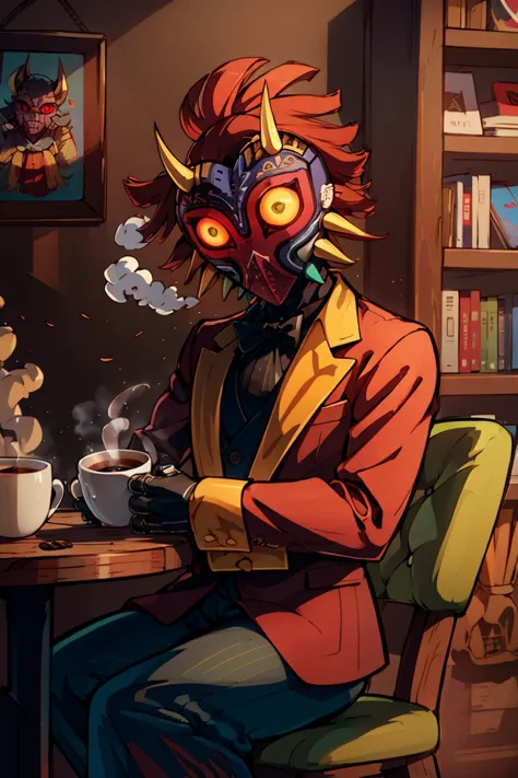 ((masterpiece,best quality)), absurdres, (suit, tuxedo, formal clothes,:1.3) 
<lora:Majora_Zelda:0.8>, Majora_Zelda, solo, 1boy, mask, horns, glowing eyes,
dark, horror (theme), 
turtleneck sweater, earrings, library, cup of steaming coffee, sitting at table,