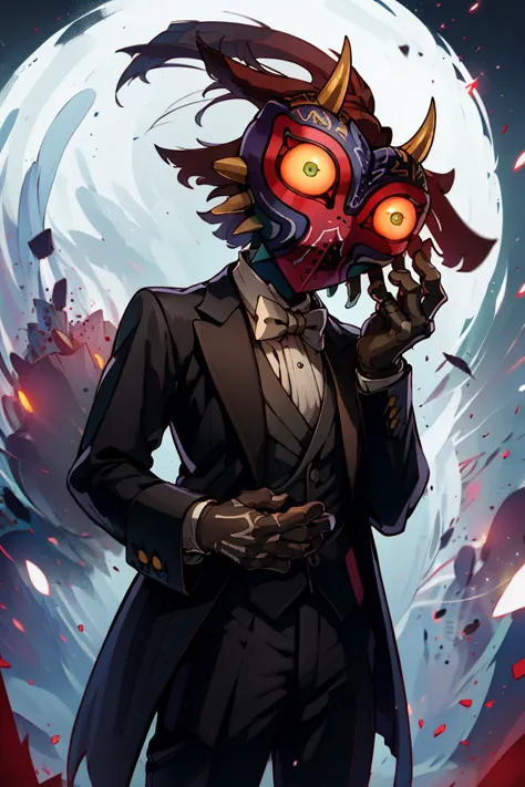 ((masterpiece,best quality)), absurdres, (suit, tuxedo, formal clothes,:1.3) 
<lora:Majora_Zelda:0.8>, Majora_Zelda, solo, 1boy, mask, horns, glowing eyes,
dark, horror (theme), 
solo, looking at viewer, cowboy shot,