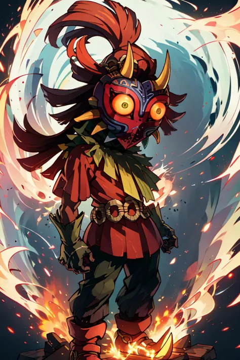 ((masterpiece,best quality)), absurdres,
<lora:Majora_Zelda:0.8>, Majora_Zelda, solo, 1boy, mask, horns, glowing eyes,  
standing, full body, fire, swirling flames,