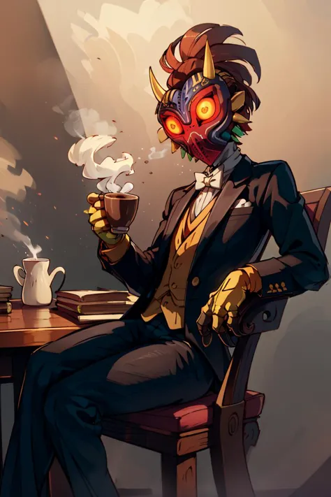 ((masterpiece,best quality)), absurdres, (suit, tuxedo, formal clothes,:1.3)
<lora:Majora_Zelda:0.8>, Majora_Zelda, solo, 1boy, mask, horns, glowing eyes,
dark, horror (theme),
turtleneck sweater, earrings, library, cup of steaming coffee, sitting at table,