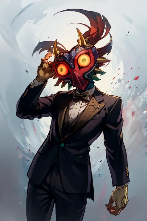 ((masterpiece,best quality)), absurdres, (suit, tuxedo, formal clothes,:1.3) 
<lora:Majora_Zelda:0.8>, Majora_Zelda, solo, 1boy, mask, horns, glowing eyes,
dark, horror (theme), 
solo, looking at viewer, cowboy shot,