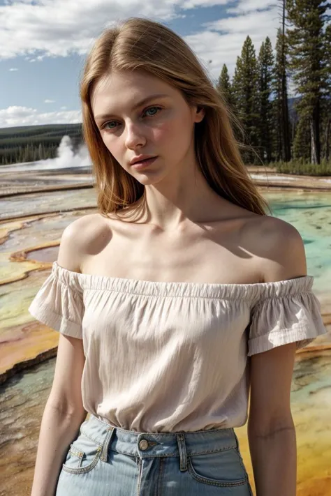 a woman standing in front of a hot spring pool