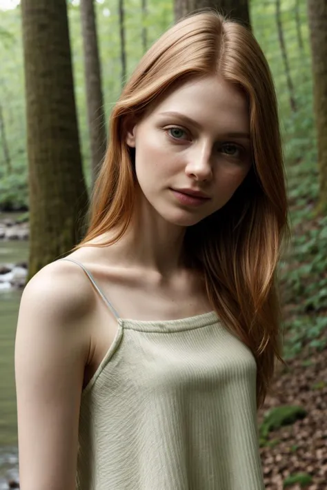 arafed woman with long red hair standing in a forest