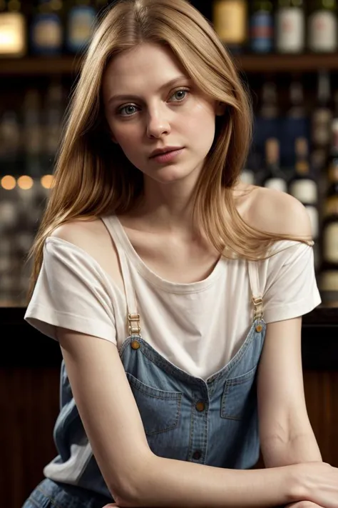 a close up of a woman sitting at a bar with a bottle of wine