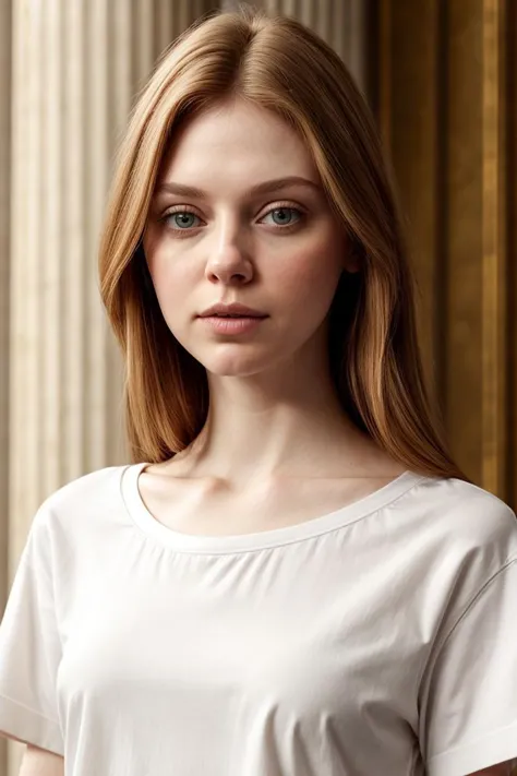 a woman with long hair and a white shirt standing in front of a building