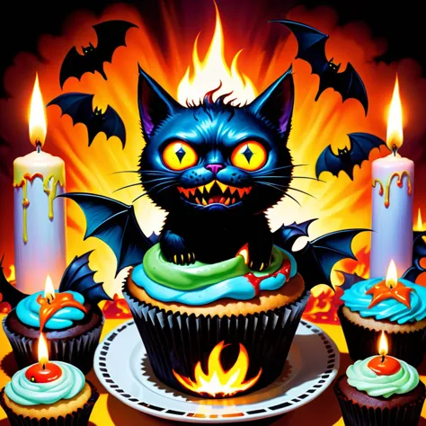 cryptic pop surrealism black cat haunted hotel eyeball cupcakes zombie appliance joker's smile fiery torchlight bats in flight l...