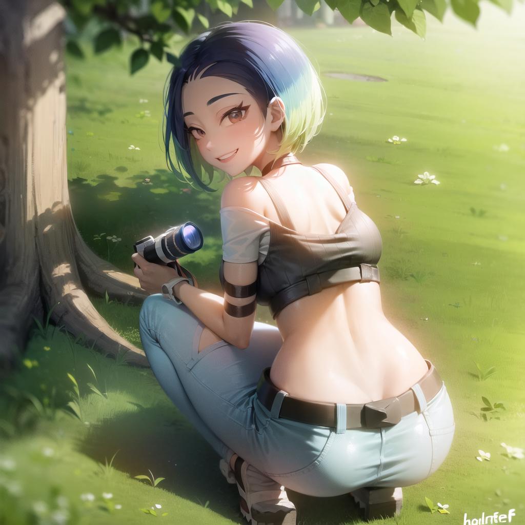 Anime girl with blue hair and a camera in a field - SeaArt AI