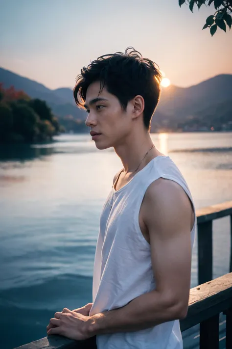 closeup portrait, (1man:1.5), very short hairs, Asian, In the gentle embrace of the golden sunset, a striking redhead stands confidently in his underwear by the serene waters of the lake adjacent to his parents' lakehouse. The soft fabric hugs his form, emphasizing the contrast between his fiery hair and the pale hue of his skin. The setting sun casts a luminous glow on him, making him like stars against the evening sky. Around him, autumn leaves rustle, adding an intimate soundtrack to this personal moment. As he gazes across the water, there's a sense of vulnerability and freedom, an ode to nature's beauty and his own., <lora:YFilter_PortraitEnhance_V1:0.3>,