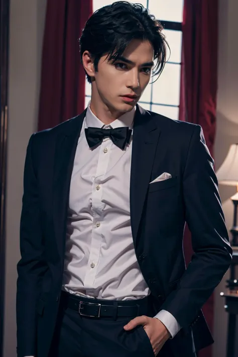 arafed man in a tuxedo and bow tie standing in a room