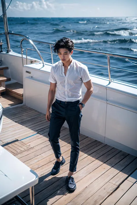 On the expansive deck of a luxurious sailing yacht, a 22-year-old, the epitome of affluence, stands alone, his gaze fixed on the...