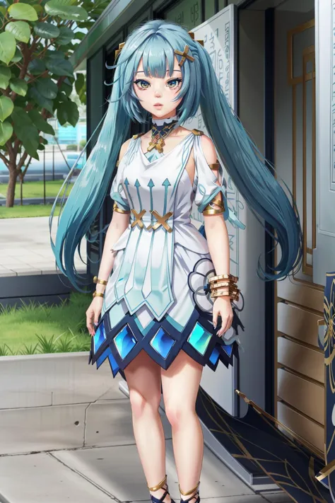 fls,def clothe,blue hair,jewelry,bracelet,twintails,long hair,hair ornament,bangs,brown eyes <lora:fls-v100:0.7>dress, <lora:Iselestia_style:0.3>, anime style, anime colors,detailed anime,animeHD, anime eyes, bigger eyes, high quality anime, large anime pupils, 1girl (in full growth), best quality, masterpiece, ultra-detailed, high quality,perfect anatomy, (perfect full body), (detailed full body), good eyes, perfect face, pretty face,(beautiful and aesthetic:1.2),beautiful eyes, anime eyes, detailed eyes,Exquisite visuals, high-definition,