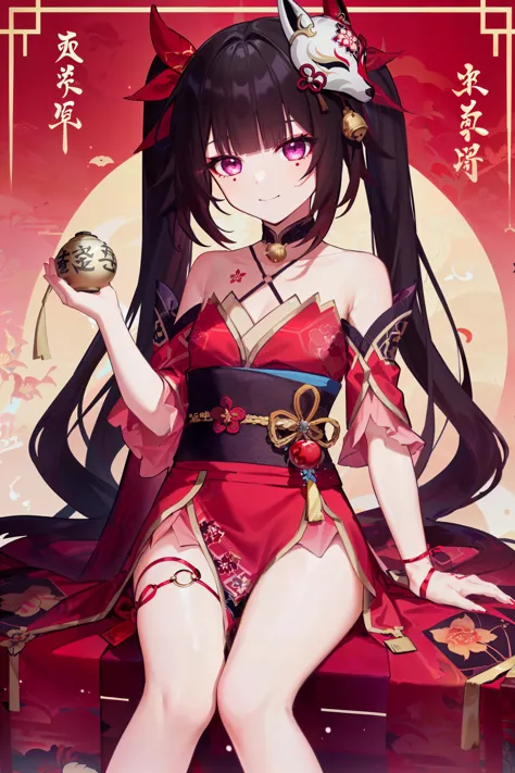 anime girl in red dress holding a clock and a gold coin