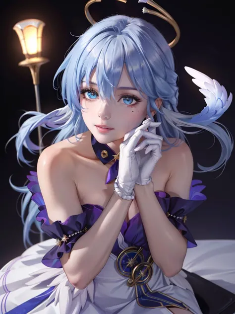 a woman with blue hair and angel wings sitting on a bed