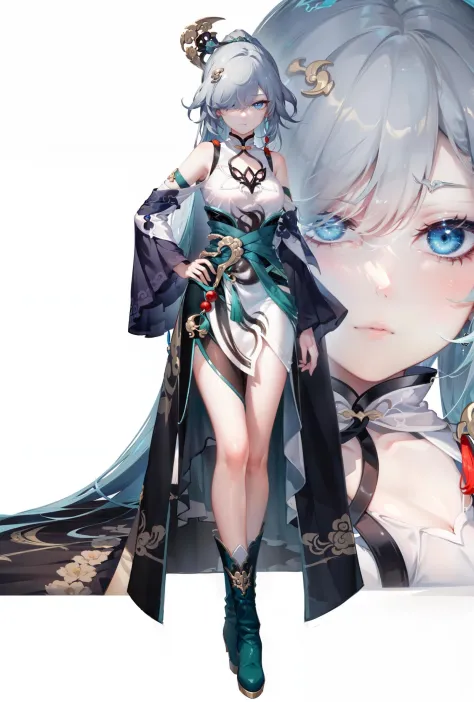 8k, best quality, masterpiece, (ultra-detailed:1.1), (high detailed skin),
(full body:1.2), white background, standing, looking at viewer, solo, hand on hip,
yunmo, 1girl, fu hua, hair over one eye, chinese clothes, blue eyes, very long hair, china dress, boots, dress, hair ornament, bare shoulders, bangs, ponytail,
(white background, simple background,:1.2),
( good hands, nice hands:0.5),
(beautiful_face), ((intricate_detail)), clear face,
((finely_detailed)), fine_fabric_emphasis,
((glossy)), full_shot,