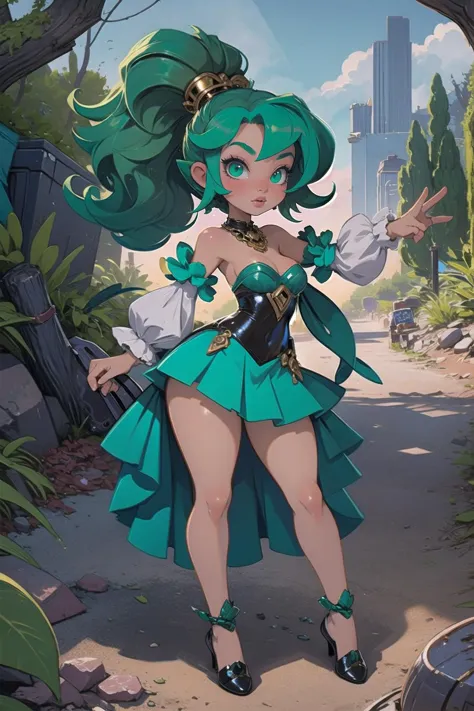 (masterpiece, best_quality, ultra-detailed, immaculate:1.3), epic, illustration, alt girl, 1girl, cute, full body, [:outlandish, outlandish costume design,:0.2], official art, , bombshell punk hair, azure hair, Twist Ponytail,side ponytail, studio gray lighting from below, on a  desert road, bombshell hair, bright forest green hair, curly hair, animal pose<lora:EnvyCuteMix11:1>