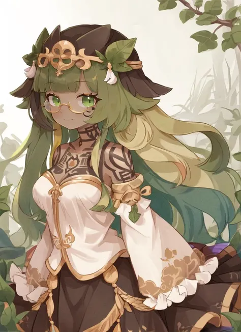 ((best quality)), ((highly detailed)), masterpiece, detailed face, beautiful face, (detailed eyes, deep eyes), (1girl), (glasses), cowboy shot, (dryad), (((moss_hair:1.6, multi colored hair, brown and green hair, <lora:conceptColoredInner_v10:1>, Islamic green colored inner hair, leaves in hair))), (((dark brown skin:1.5))), (serene smile), green eyes, tall woman, ((intricate tattoos:1.4)), (green tattoos), (rune tattoos), nature, ((leaf skirt, clothes made of plants:1.4)), medium breasts, mushrooms, (on a floating island), <lora:EnvyCuteMix11:1>