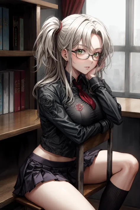 anime girl sitting on a chair in front of a book shelf