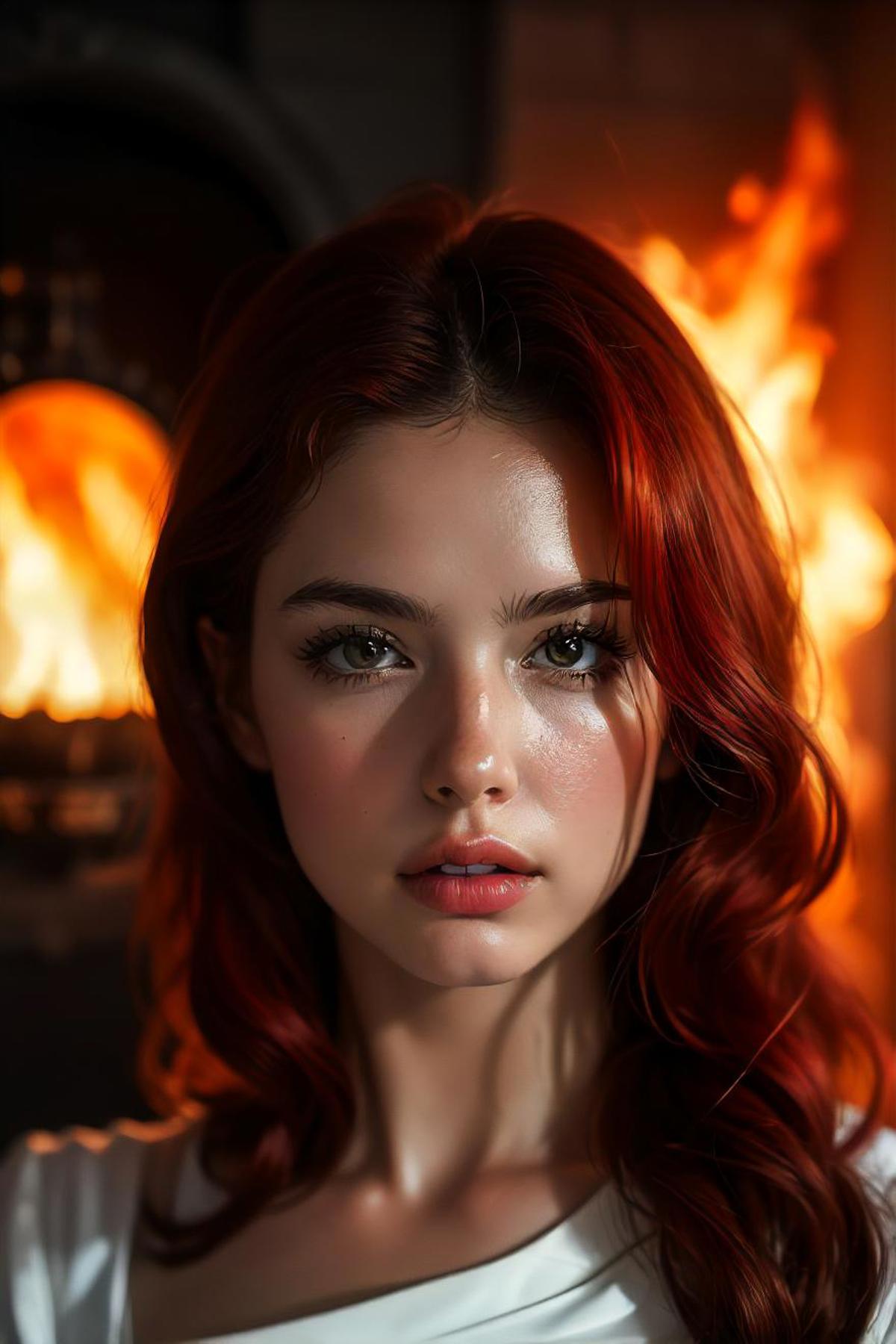 masterpiece)), best quality, a close up of a woman with red hair and a fire  be - SeaArt AI