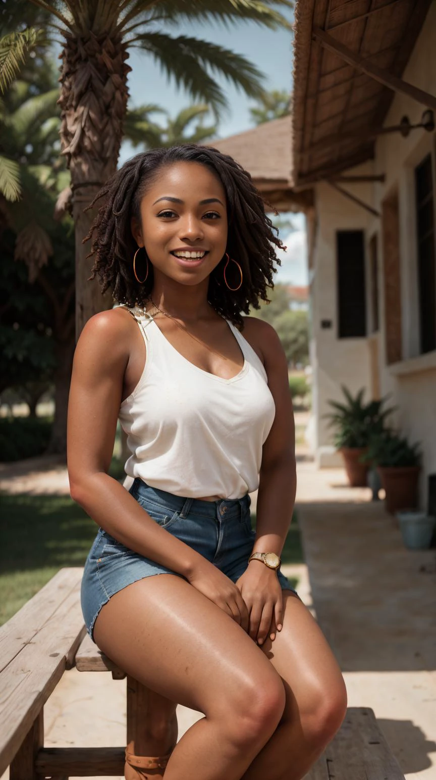 Masterpiece, RAW photography, dark skinned woman (laughing:0.8), sitting down, knees up, elbows bent, outside in sunlight, sleeveless shirt, long shorts, godray sunbeams, DOF, blurry background, freckled skin, detailed skin, detailed face