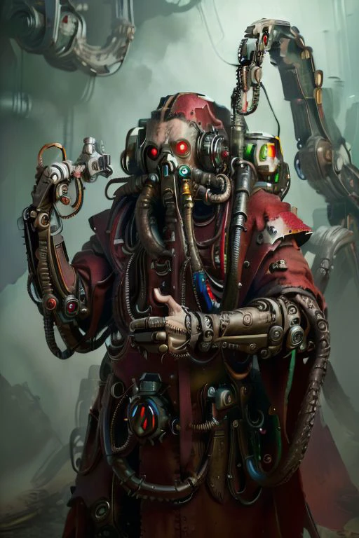 ((masterpiece,best quality)), absurdres, mechanical arms, robes, hood, ((techpriest)), cyborg, mechanical face, (tentaclehorrorai), mechanical limbs, gas mask, red robe, 1other, solo, holding rifle,