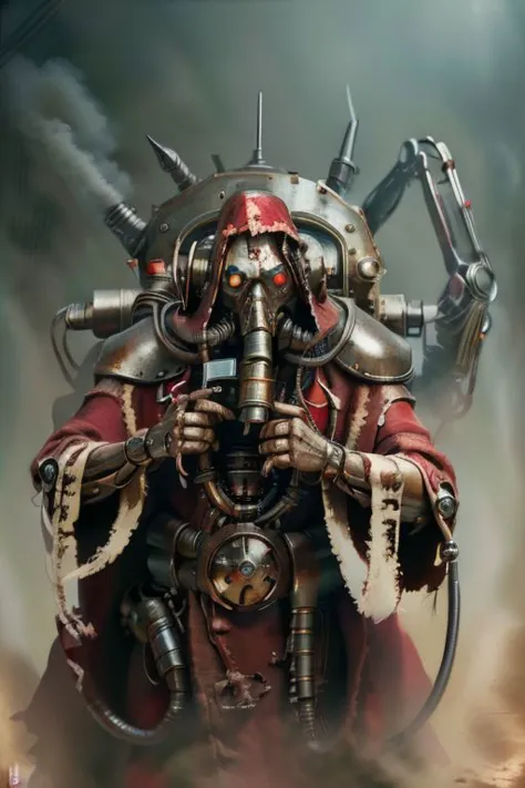 ((Meisterwerk,beste Qualität)), absurdesten, mechanische Arme, Roben, Haube, ((techpriest)), cyborg, mechanisches Gesicht, (demonmawai), mechanische Gliedmaßen, Gasmaske, rote Robe, 1andere, Allein, Gewehr halten,