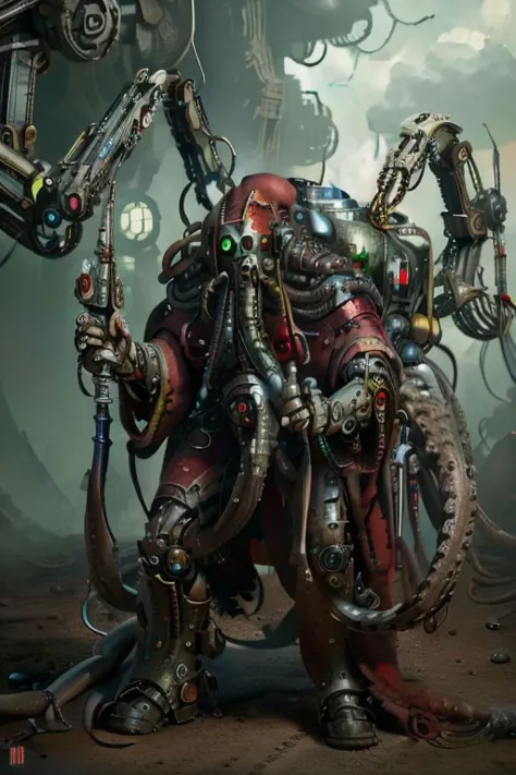 ((masterpiece,best quality)), absurdres, mechanical arms, robes, hood, ((techpriest)), cyborg, mechanical face, (tentaclehorrorai), mechanical limbs, gas mask, red robe, 1other, solo, holding rifle,