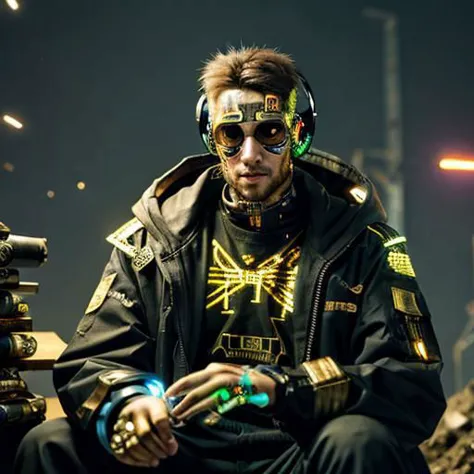 arafed man in a black jacket and gold and green gear sitting on a pile of junk