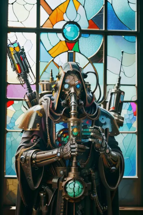 ((masterpiece,best quality)), absurdres, mechanical arms, robes, hood, ((techpriest)), cyborg, mechanical face, (stainedglassai), mechanical limbs, gas mask, black robe, 1other, solo, holding rifle,