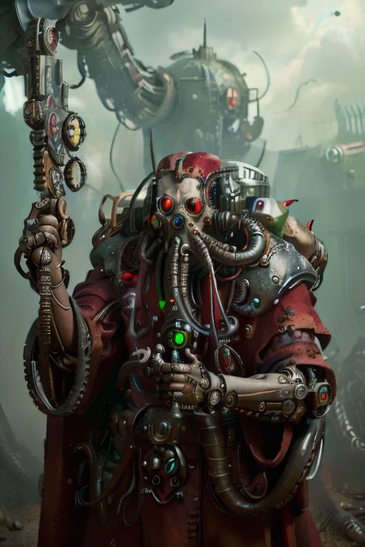 ((masterpiece,best quality)), absurdres, mechanical arms, robes, hood, ((techpriest)), cyborg, mechanical face, (tentaclehorrorai), mechanical limbs, gas mask, red robe, 1other, solo, holding rifle,